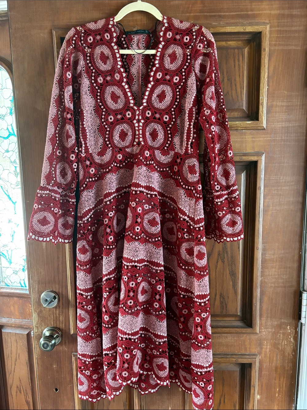 Zara Women's Red Pink Crochet Long Sleeve MIDI Dress